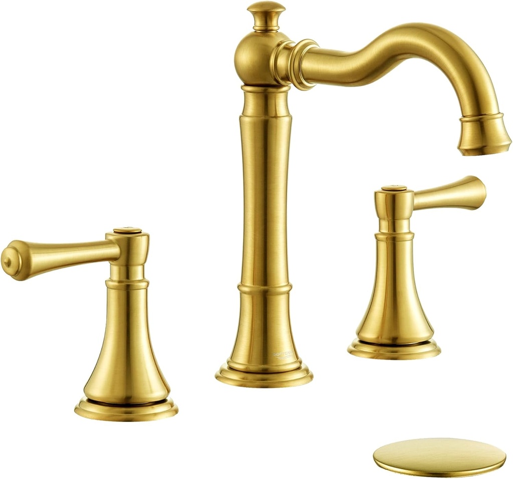 Brushed Gold Faucet Bathroom 8 inch Widespread for 3 Holes with Plastic Pop-Up Drain, Classical 2-Handle Gold Bathroom Vanity Sink Faucets, High Arc 360° Brass Swivel Spout