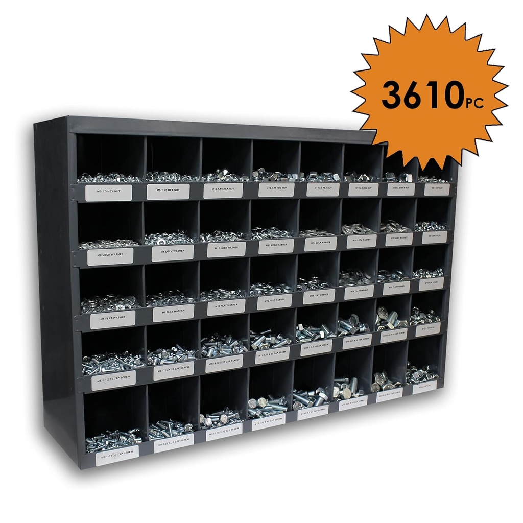 Titan Industrial Supply- 3,610 pcs Grade 5 Coarse Hardware Assortment Kit with Hex Cap Screws, Hex Nuts, Washers, & Durham 40 Hole Metal Bin