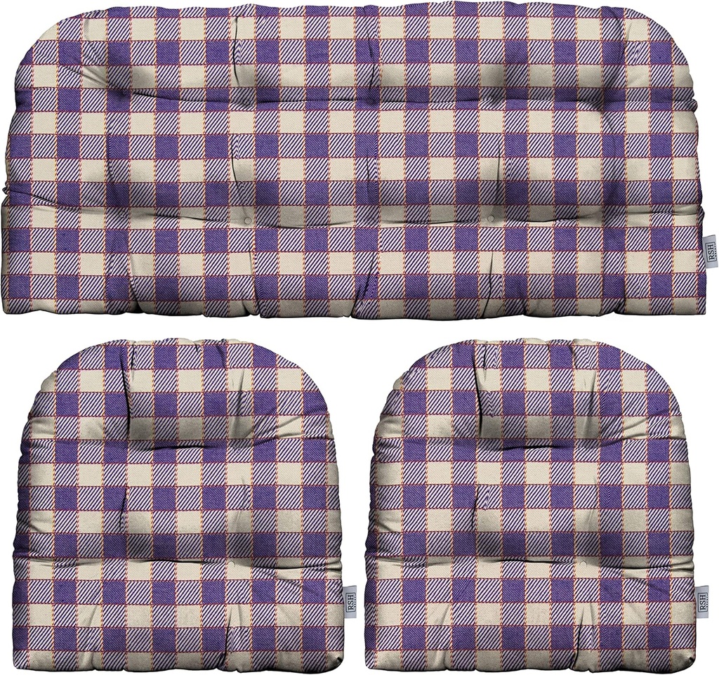 RSH DECOR: 3-Piece Wicker Tufted Cushion Set | 41” x 19" & 19" x 19" | Sunbrella Performance Fabric | Outdoor Settee Loveseat & U-Shape Seat Cushions for Patio Furniture | Encounter Purple Plaid