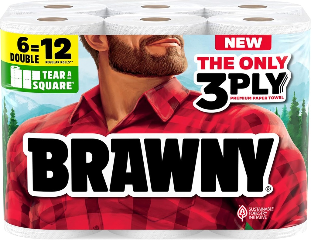 Brawny Tear-A-Square 3-Ply Paper Towels, 6 Double Rolls = 12 Regular Rolls, Strong, Absorbent, and Durable with 3 Sheet Sizes (Quarter, Half, Full)