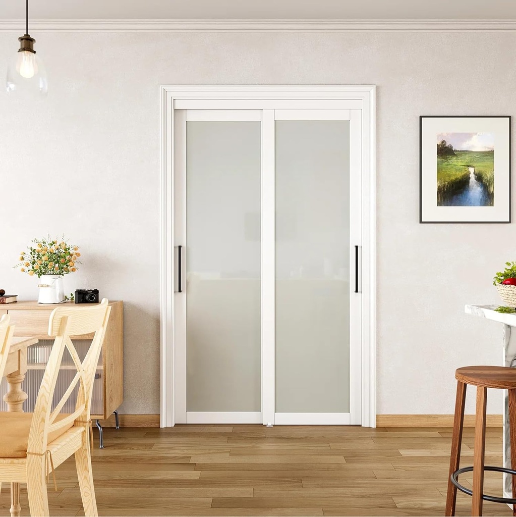 Tempered 1 Lite Frosted Glass White Closet Sliding Door with Hardware & Handles，48'' x80''