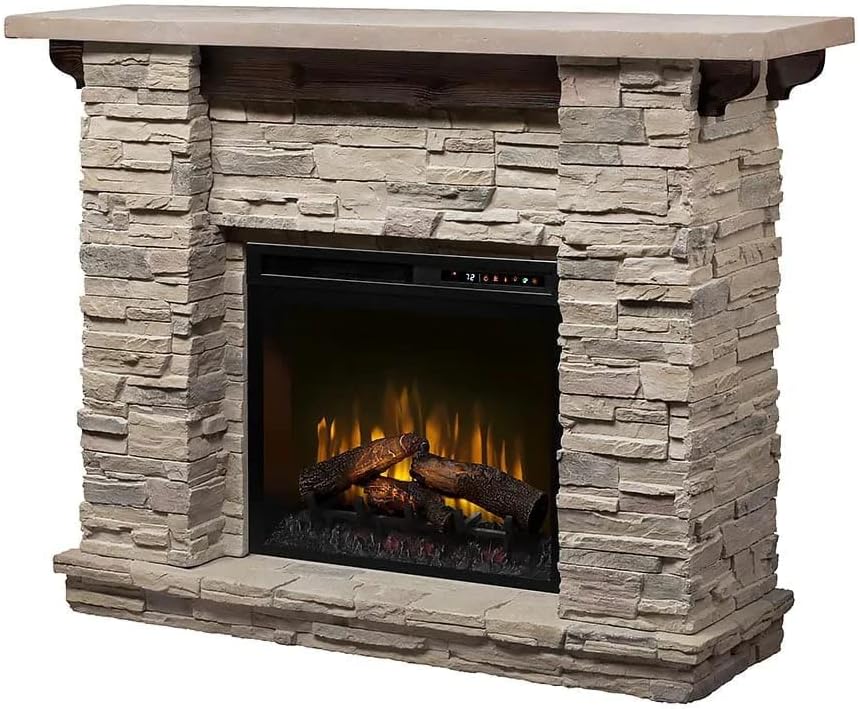 Dimplex Featherston Electric Fireplace with Mantel Surround Package | Pine with Gray Stone-Look, Includes 28" Electric Firebox Heater | 1500W | LED Flames | Remote Control | #GDS28L8-1152LR