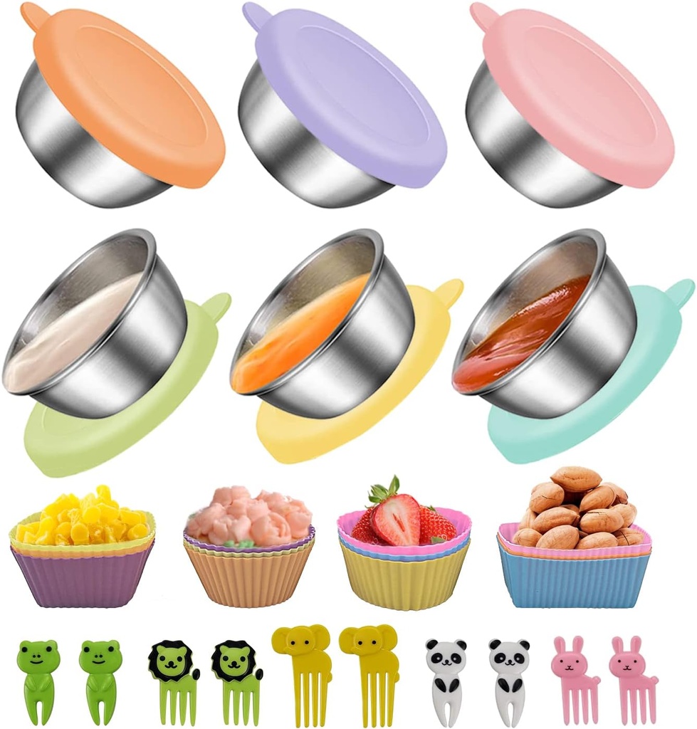 12 Pcs Silicone Lunch Box Dividers, 10PCS Food Picks, 6x1.7 oz Salad Dressing Container To Go, Lunch Accessories for Bento Box