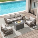 Amopatio Aluminum Patio Furniture Set with Fire Pit, 6 Pcs Metal Patio Sofa Sets with Aluminum Fire Pit Table, Modern Outdoor Furniture with 6" Cushion, Beige (Included Waterproof Covers)