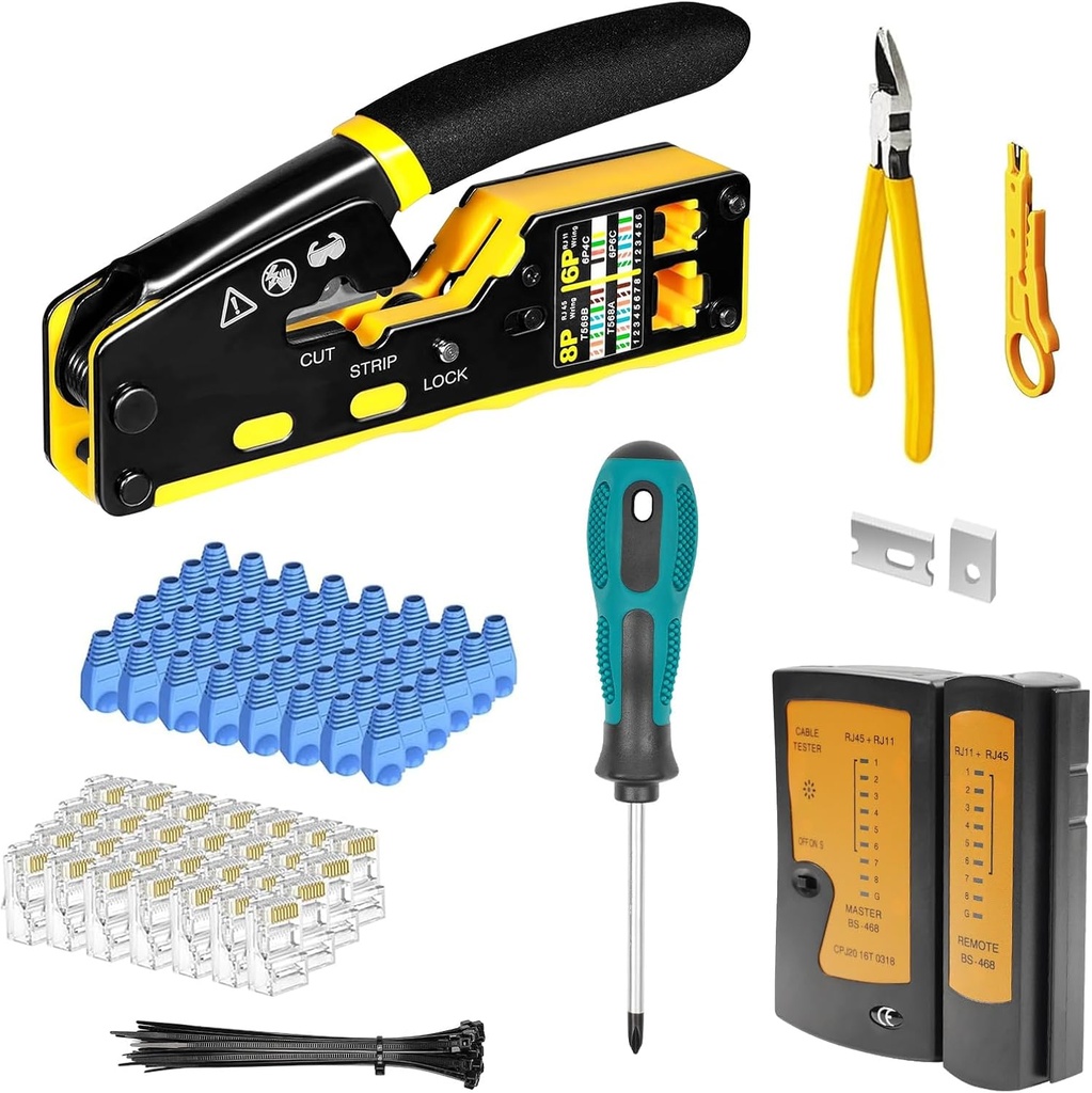 RJ45 Crimp Tool Pass Through Ethernet Crimping Tool Kit Cat6 Cat5e Cat6a RJ45 Crimper with Cable Tester,50PCS Cat6 Connectors, 50PCS Boots, Blades,Mini Cable Stripper
