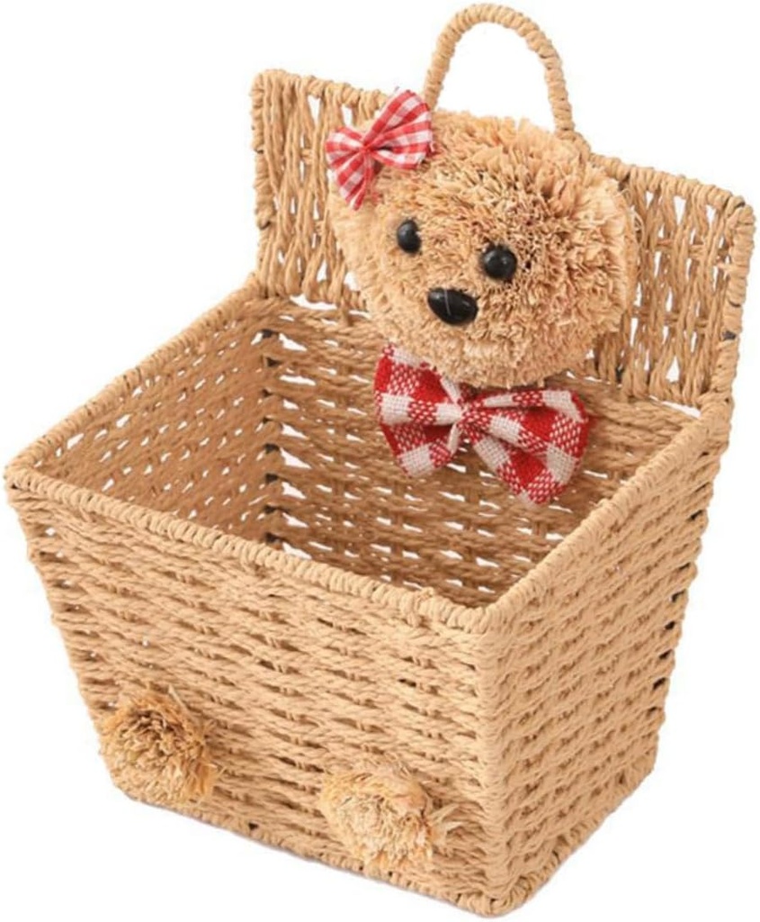 Garneck Cartoon Bear Wicker Desktop Holder Ergonomic Handle Multifunctional Woven Storage Basket for Home Office Kitchen Organization Khaki Wicker Basket