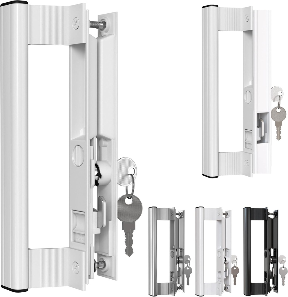 Sliding Glass Door Handle Set with Lock – Aluminum Handle, Fits 6-5/8 in. Hole Spacing (White)