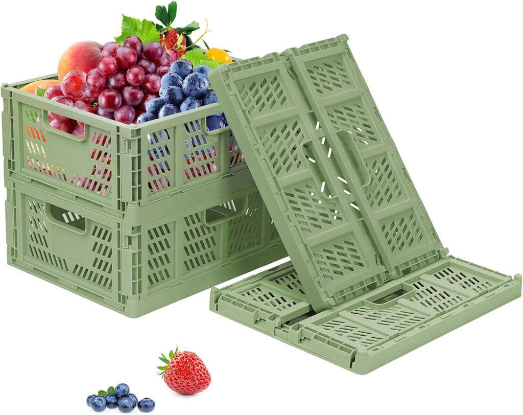 Phyllia 4 Pack Plastic Storage Baskets, Pantry Organizer Basket Bins with Handles, Foldable Storage Baskets for Organizing Shelves Closet Home Kitchen Bathroom Office (Green, 13.3"x10.2"x5.1")