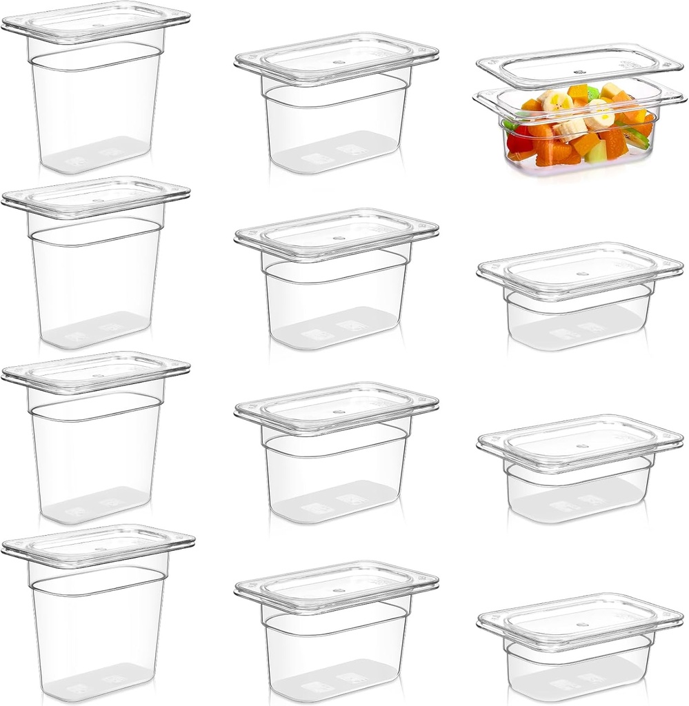 Tioncy 12 Pcs 1/9 Size Clear Food Pans with Lids Stackable Plastic Salad Bar Containers Commercial Food Storage Transparent Hotel Pans for Vegetables Fruits Beans Corns 2.5'' 4'' 6'' Deep