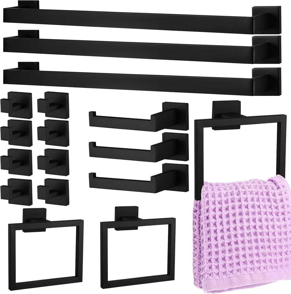 17 Pcs Matte Black Bathroom Hardware Set 23.6 Inch Stainless Steel Bathroom Hardware Set Matte Bath Towel Bar Kit Black Bathroom Wall Mounted Towel Racks for Bathroom Supplies