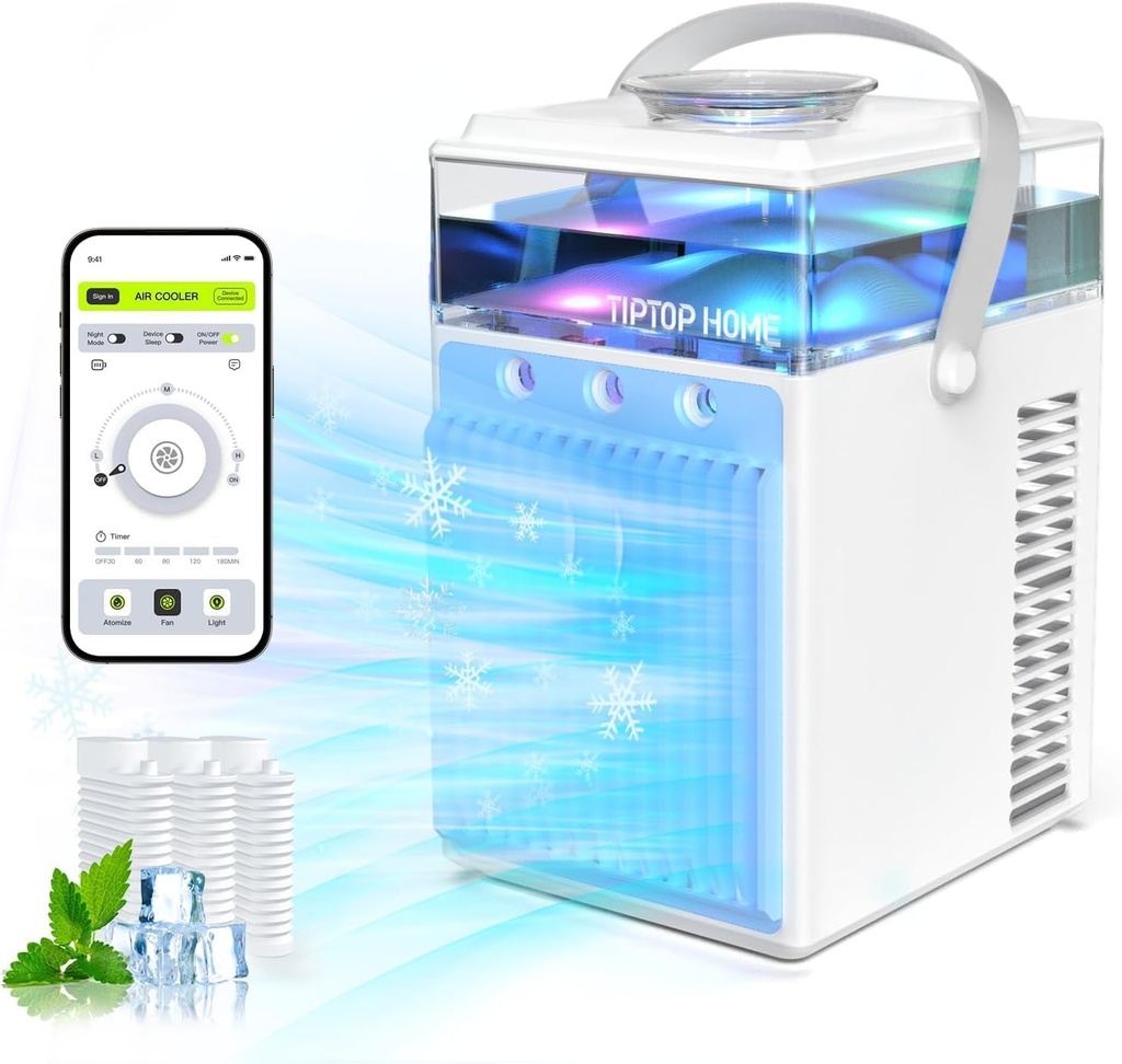 Portable Air Conditioners, 4-IN-1 Evaporative Air Cooler with App Control, 800ml Water Tank, Rechargeable Mini Air Conditioner, 3 Speeds & 3 Mist, Colorful Night Light Cooling Fan (White)