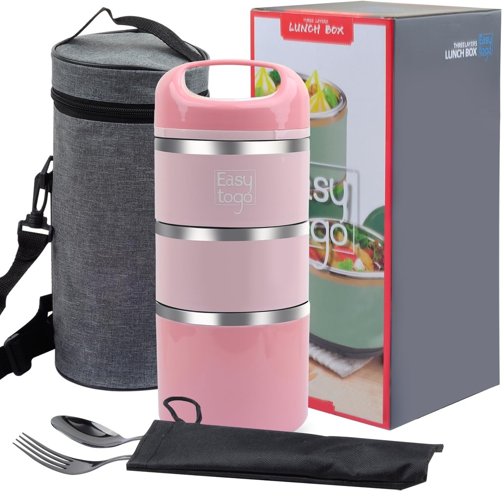 3 Tier Lunch Box 43Oz-Pink Stainless Steel Stackable Lunch Box with Lunch Bag & Cutlery Set, Portable Lunchbox, Portion Control Meal Prep Togo Lunch Containers for Adults, Women, Men