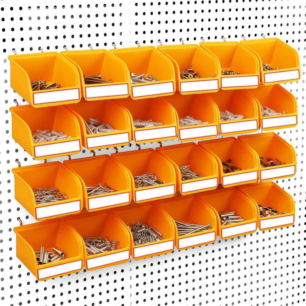 ELEAD Pegboard Bins Organizer Set 24-Pack - Durable Storage Tray for Screws, Nuts, Bolts, Hardware, Crafts, Accessories | Fits Standard Pegboards | 24 Labels for Garage Workshop Craft Room