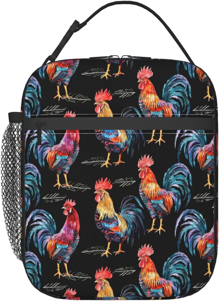 Reusable Colorful Rooster Lunch Box for Kids Girls Boys Women Adult, Insulated Chicken Black Lunch Bag,Polyester Cooler Handbags Case for School Picnic Work Travel Beach or Hiking