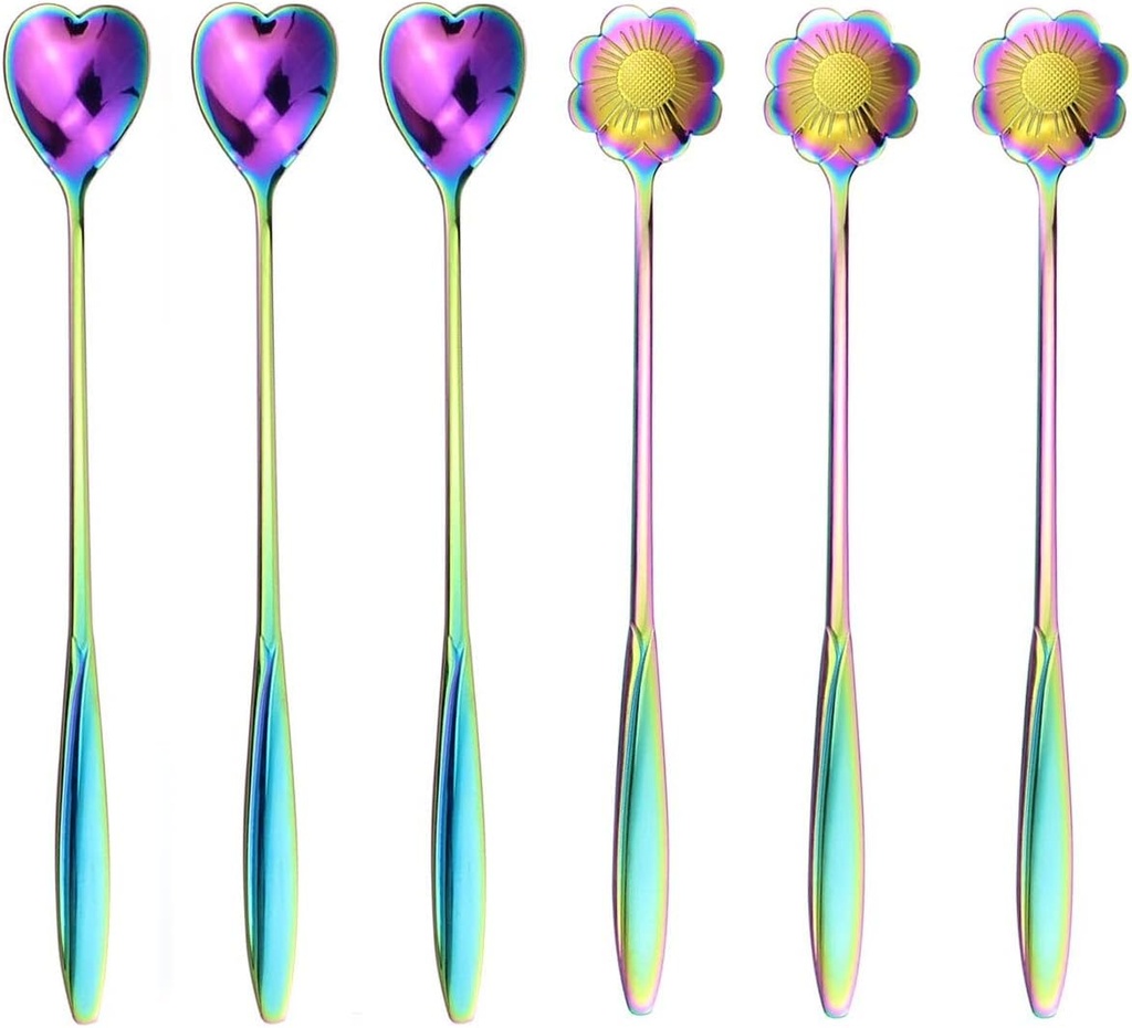 Rainbow Titanium Long Handle Spoons, Colorful Plated Latte Stainless Steel Ice Cream, Iced Tea Spoon, Cocktail Stirring,Tea, Coffee, Milkshake Dessert Spoons Set Pack of 6 (3/3 Mixed)