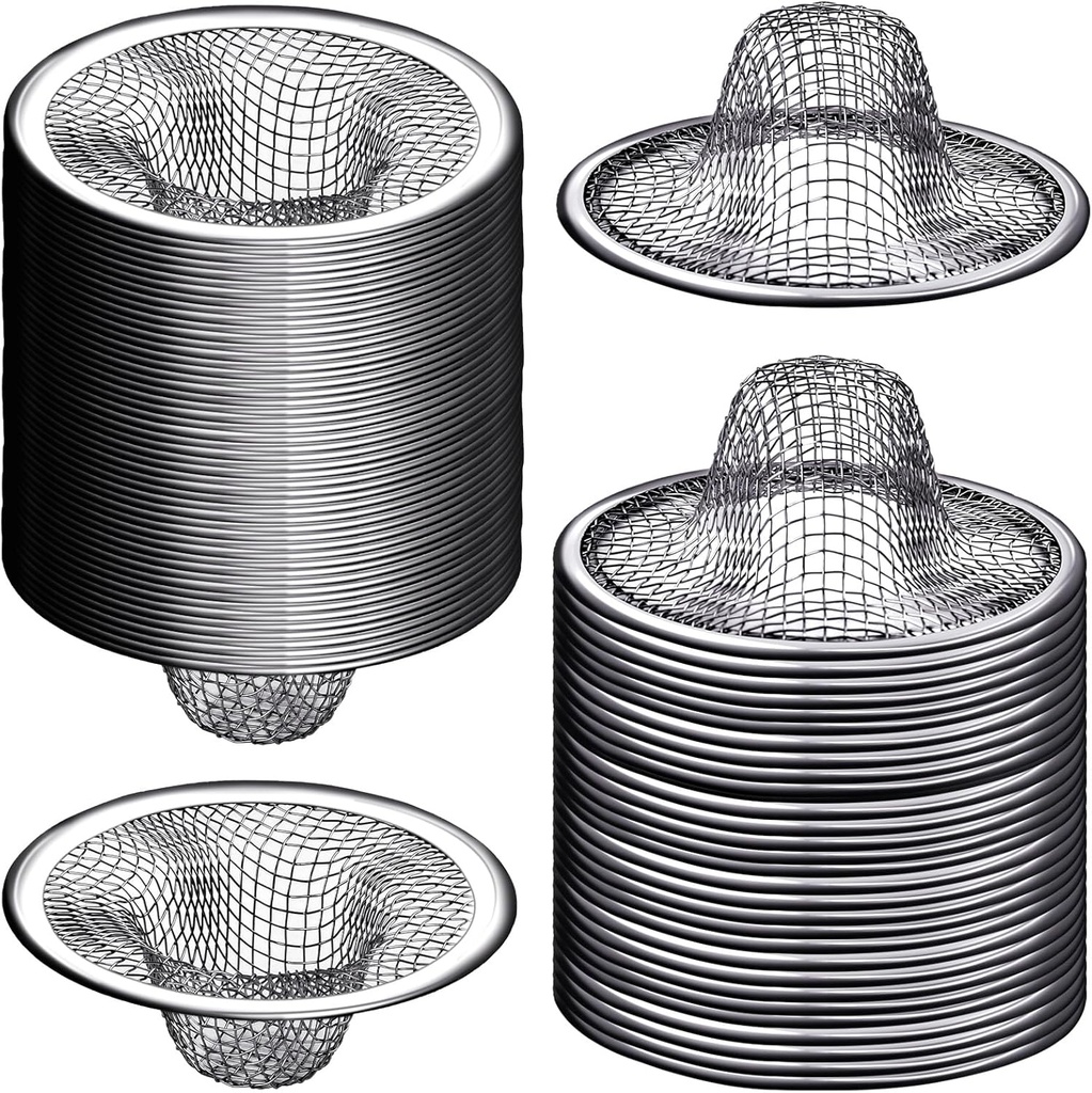 100 Pack Sink Drain Strainer, 2" Top / 1" Stainless Steel Mesh Bathroom Sink Strainer, Hair Catcher for Bathroom Sink, Utility, Slop, Laundry, RV and Lavatory