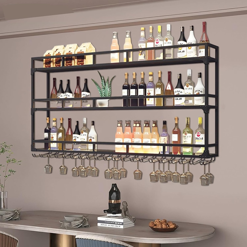 Bar Wall Mounted with Wine Glass Holder,Floating Bar Shelves,Iron Liquor Shelf,Metal Bar Shelf,Wall Wine Glass Rack,Hanging Wine Storage Racks,for Home Kitchen Wine Cellar,Gold/Black(B