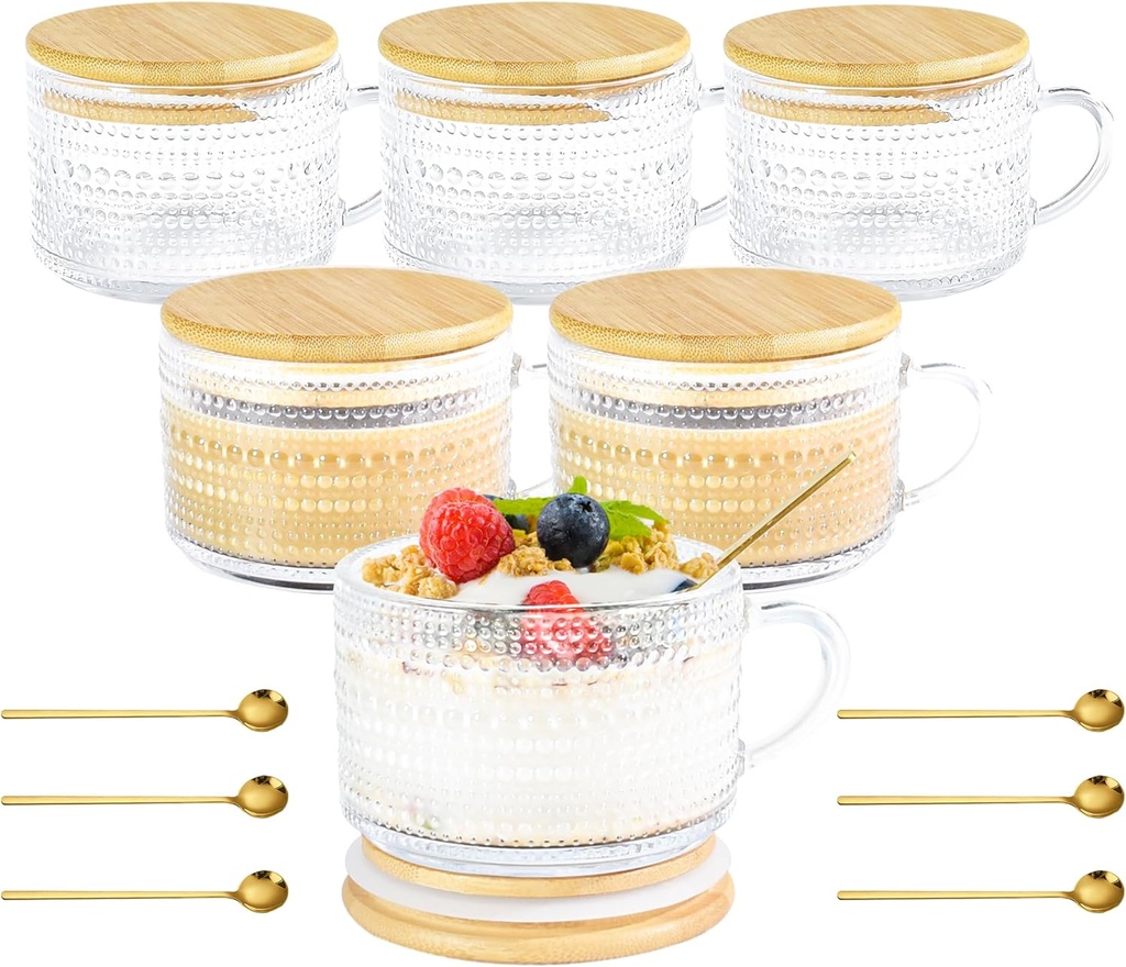 14oz Vintage Coffee Mugs Glass of 6 Hobnail Overnight Oats Glass Containers with Handle Bamboo Lids Spoon for Iced Coffee Latte Yogurt(Hobnail*6 with Seal Ring Lid)
