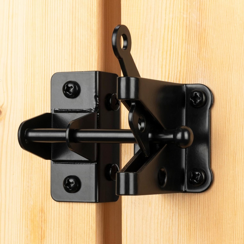 Self-Locking Gate Latch for Wooden Fence Gate Heavy Duty, Post Mount Automatic Gravity Lever Gate Fence Door Latches for Wooden Fence Secure Pool Garden Shed, Black, 2 Pcs