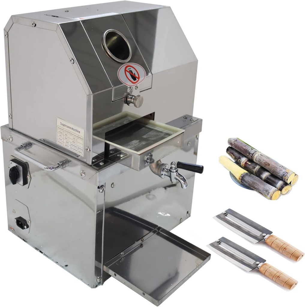 Desktop Electric Sugar Cane Press Juice Machine, 3 Rollers Stainless Steel Sugarcane Juicer Grinder Ginger Extractor, W/Openable Cover and 2 Sets Knives 110V 800W