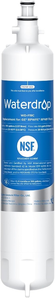 Waterdrop WD-F19C Replacement for GE® RPWFE®, RPWF (with CHIP) Refrigerator Water Filter, Compatible with GFE28GBLTS, GFE28GGKBB, GFE28GSKSS, PFE28KSKSS, PFE28KMKES, Package May Vary