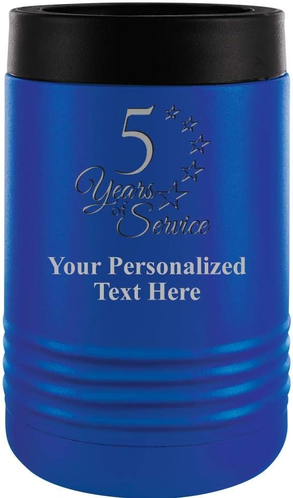 Custom Beverage Holder, 12 oz Blue Personalized 5 Years Of Service Insulated Can Cooler