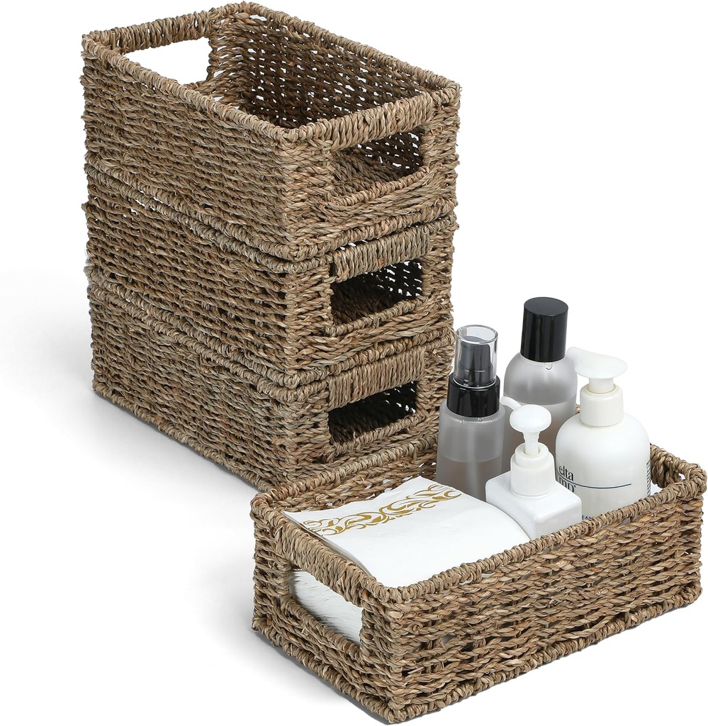 4 Small 3.6 QT Seagrass Wicker Baskets for Shelves, 10" Long Woven Pantry Organizers and Storage Basket, Decorative Ratten Shallow Rectangle Baskets for Organizing Countertop Kitchen