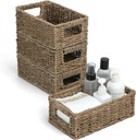 4 Small 3.6 QT Seagrass Wicker Baskets for Shelves, 10" Long Woven Pantry Organizers and Storage Basket, Decorative Ratten Shallow Rectangle Baskets for Organizing Countertop Kitchen