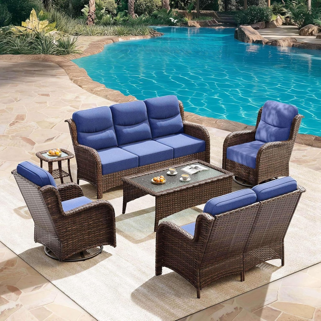 HILLGA Luxury Patio Furniture Set with 6-Inch Thick Cushions, High Back Outdoor Swivel Rocker Chairs Patio Loveseat and Couch, 6-Piece All Weather Conversation Set for Porch Deck Pool Yard, Blue (V3)