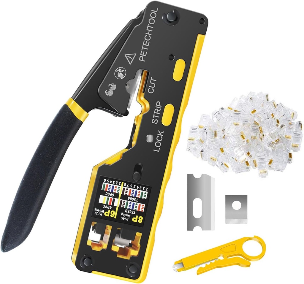 RJ45 Crimp Tool Pass Through Cat5e Cat6 Ethernet Crimping Tool All-in-one Crimper Cable Stripper Cutter For RJ45 Connectors And RJ11/RJ12 Standard Data Cable Plugs