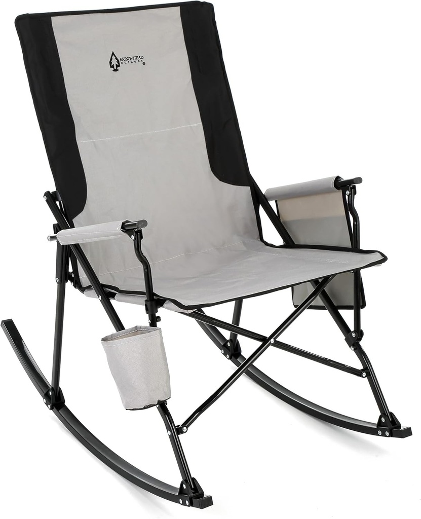 ARROWHEAD OUTDOOR Foldable Rocking Camp Chair with Large Cup Holder, Side Pocket, Space-Saving Folding, Enhanced Swinging Rocker for Camping, Fishing, Patio