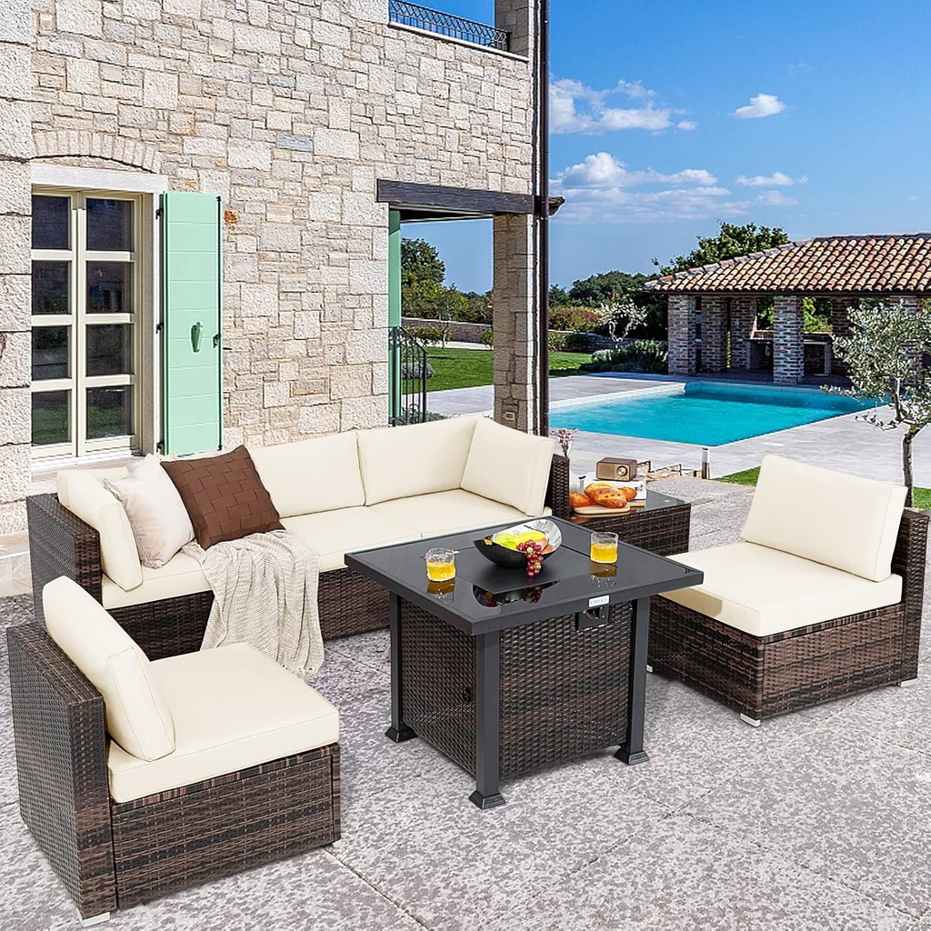 COSTWAY 7 Piece Patio Furniture Set with 32'' Fire Pit Table, Outdoor Wicker Rattan Sectional Sofa Set with 4'' Thickened Cushions, Side Coffee Table for Poolside Backyard (Off White)