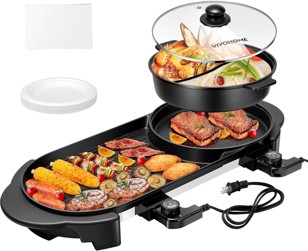 VIVOHOME 2000W Electric Hot Pot with Grill, Removable Shabu-shabu Pot w/Non-stick Baking Pan, Separate Temperature Control 2-IN-1 Hotpot BBQ for 1-6 People Family Dinning