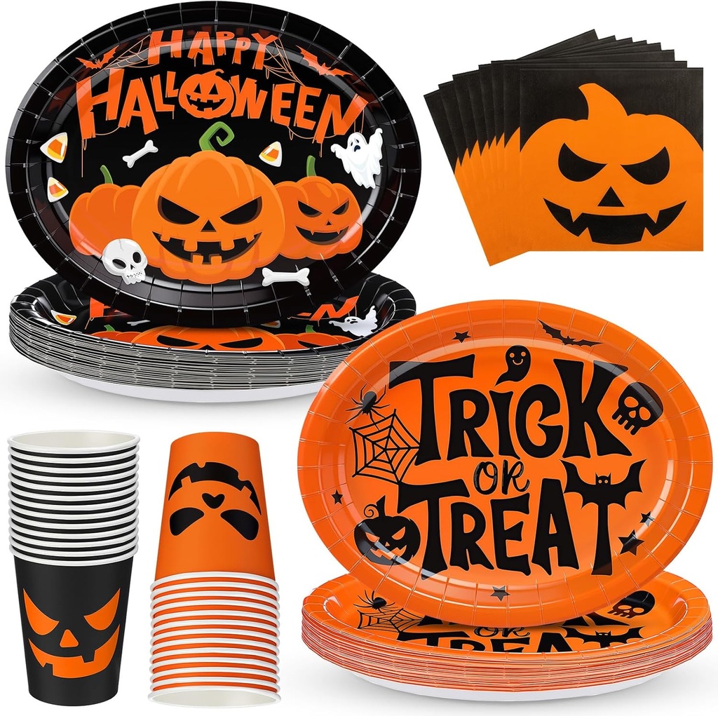 Vesici 150 Pcs Halloween Oval Paper Plates and Napkins Set-Serves 50, 10'' x 12'' Large Disposable Pumpkin Plates Trick or Treat Tableware Halloween Paper Cup Napkin for Spooky Birthday Party Supplies