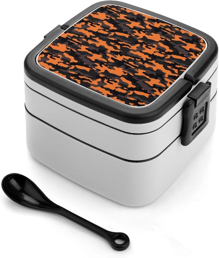 Orange Black Camouflage Print Bento Box, Cute Lunch Box Containers for Adults Women Men, Small Salad Container for Lunch, Reusable Double Lunchable Stackable