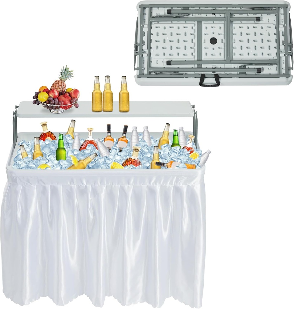 Outdoor Ice Cooler Folding Table, Portable Cooler Table with Removable Matching Skirt, Folding Ice Chest Table with Place Holder White