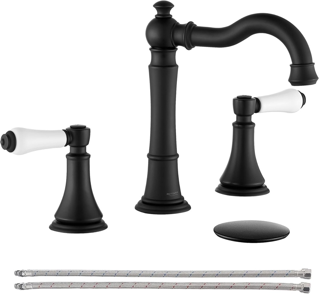 Porcelain 2-Handle Bathroom Faucet Matte Black 8 inch Widespread with Plastic Pop-Up Drain & 2Pcs Water Supply Lines, Classical 3-Hole Vanity Sink Faucets, High Arc 360° Swivel Brass Spout