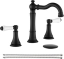 Porcelain 2-Handle Bathroom Faucet Matte Black 8 inch Widespread with Plastic Pop-Up Drain & 2Pcs Water Supply Lines, Classical 3-Hole Vanity Sink Faucets, High Arc 360° Swivel Brass Spout