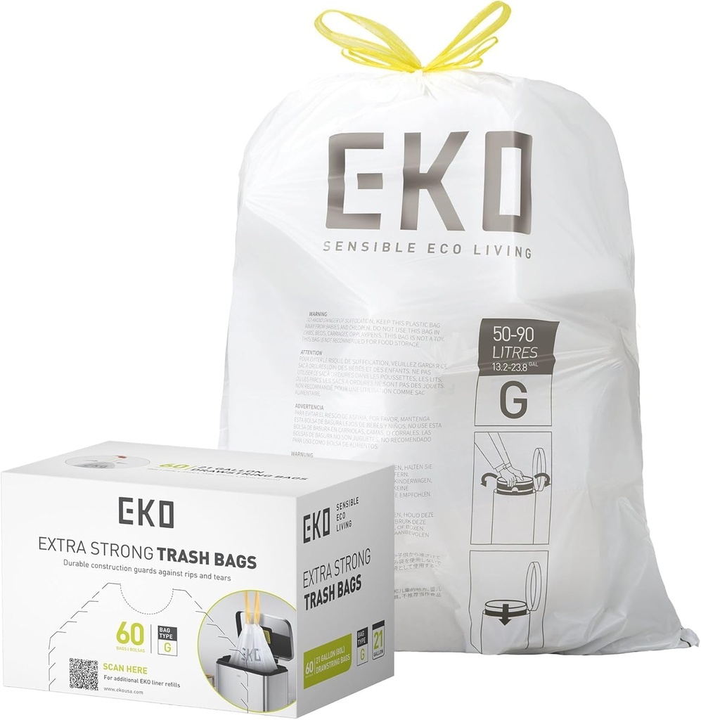 EKO 21 Gallon / 50-90 Liter, 60 Count Drawstring Trash Bags, Extra-Strong Unscented Garbage Bags, Easy-Dispense Roll for Kitchen & Household Use, Code G, White