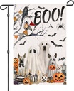 Halloween Boo Garden Flag 12x18 Inche Double Sided, Scary Spooky Dog Ghost Bat Pumpkins Autumn Burlap Garden Flags for Halloween Themed Party Farmhouse Holiday Seasonal Decor