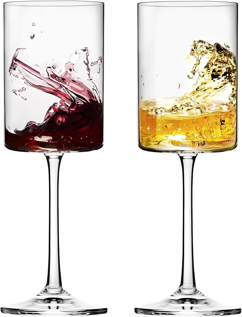 Moretoes 11oz Square Wine Glasses Set of 2, Crystal White Wine Glasses, Modern Stemmed Glasses