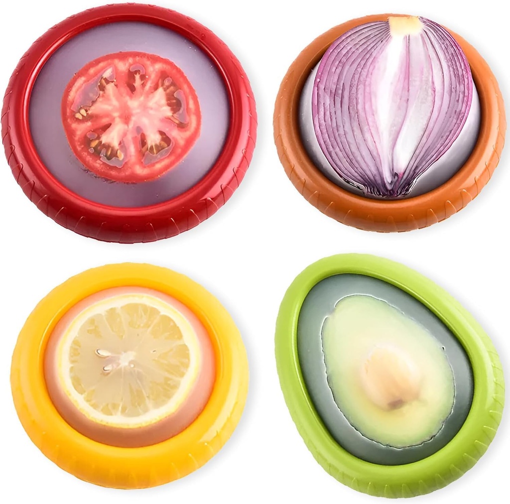 Set of 4 Reusable Fresh Pods – Anti-Oxidation Silicone Food Savers for Avocado, Onion, Tomato, Lemon & Garlic | BPA-Free Airtight Vegetable & Fruit Storage Containers for Fridge