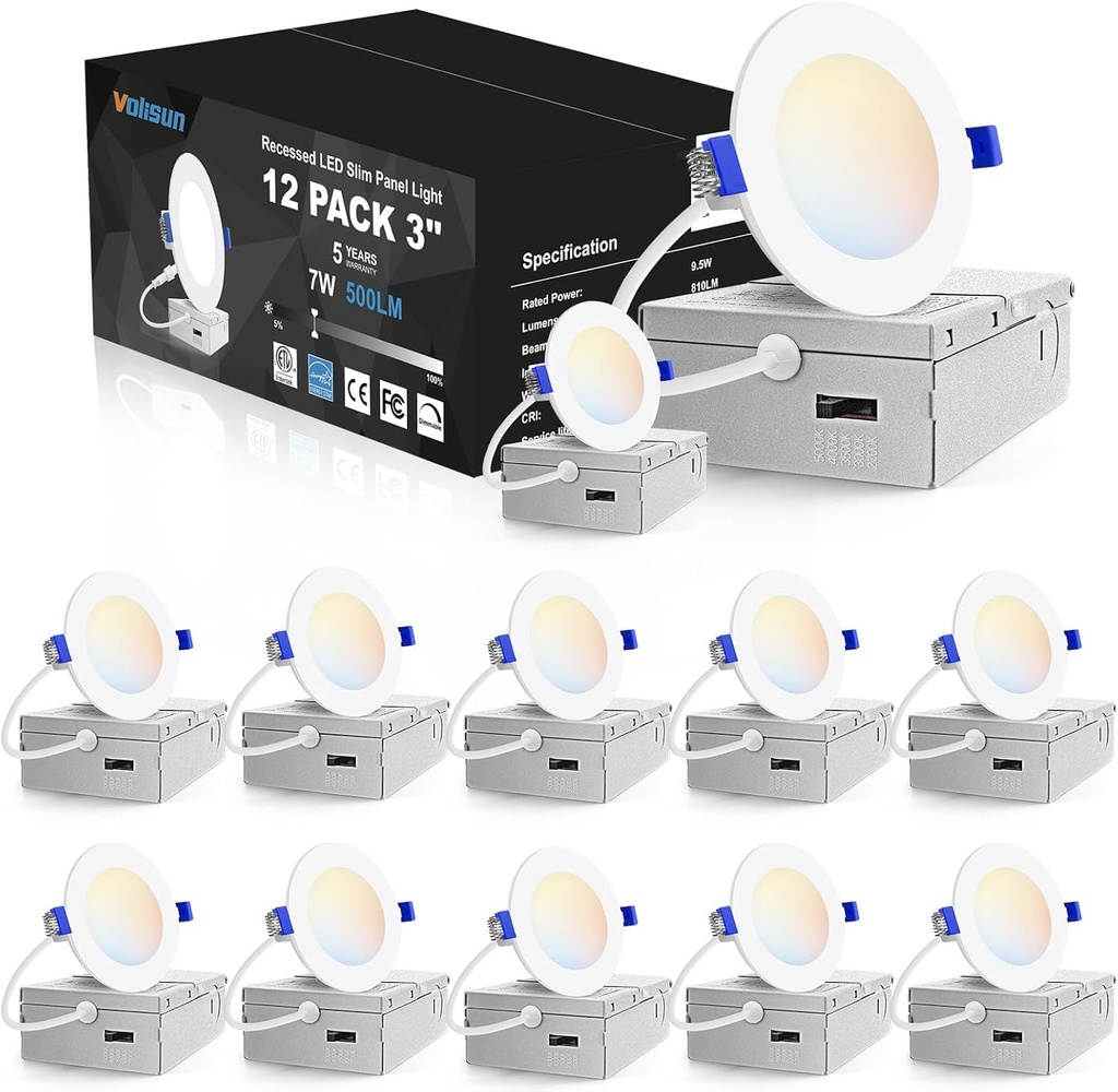 VOLISUN 12 Pack 3 inch Recessed Lighting, 5CCT LED Recessed Light with Junction Box, 2700K-5000K Selectable, Dimmable Canless Wafer Downlight, LED Ceiling Light ETL Certificated