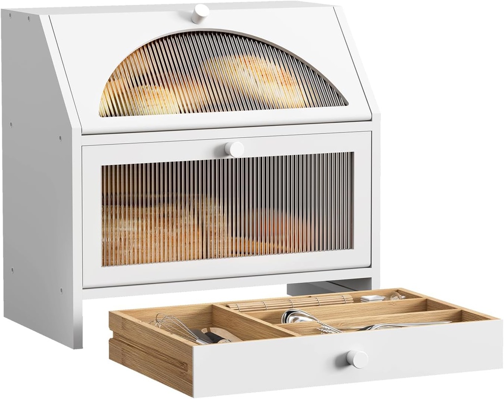 Bread Box for Kitchen Countertop Corner Bread Box Bamboo Extra Large Double Layer Bread Storage Bin with Silverware Drawer Organizer (1Frosted Door)
