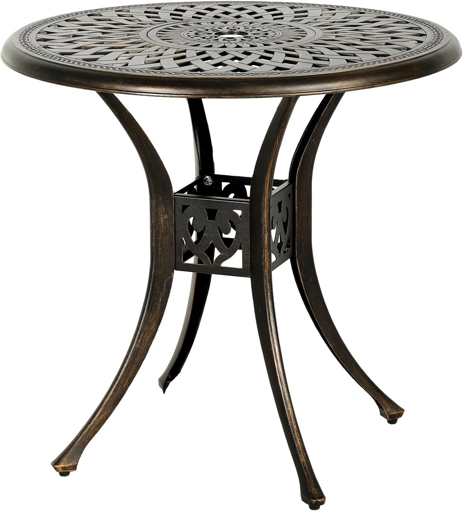 Grepatio 31" Patio Dining Table, Cast Aluminum Outdoor Bistro Table with Umbrella Hole Round Conversation Table, Antique Bronze