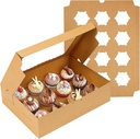 TOMNK 10 Sets Cupcake Carrier Boxes, 13 x 10 x 3.5 Inches, Brown Cupcake Containers Kraft Bakery Carrier Boxes with Windows and Inserts to Hold Cupcakes, Muffins and Pastries