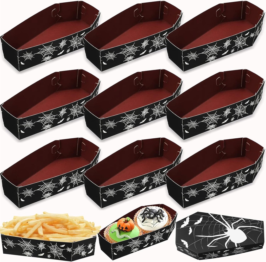 Halloween Coffin Snack Trays, Halloween Party Food Supplies Spider Bat Pattern Cardboard Paper Food Trays for Candy Storage Guest Serving Supplies(Spider)