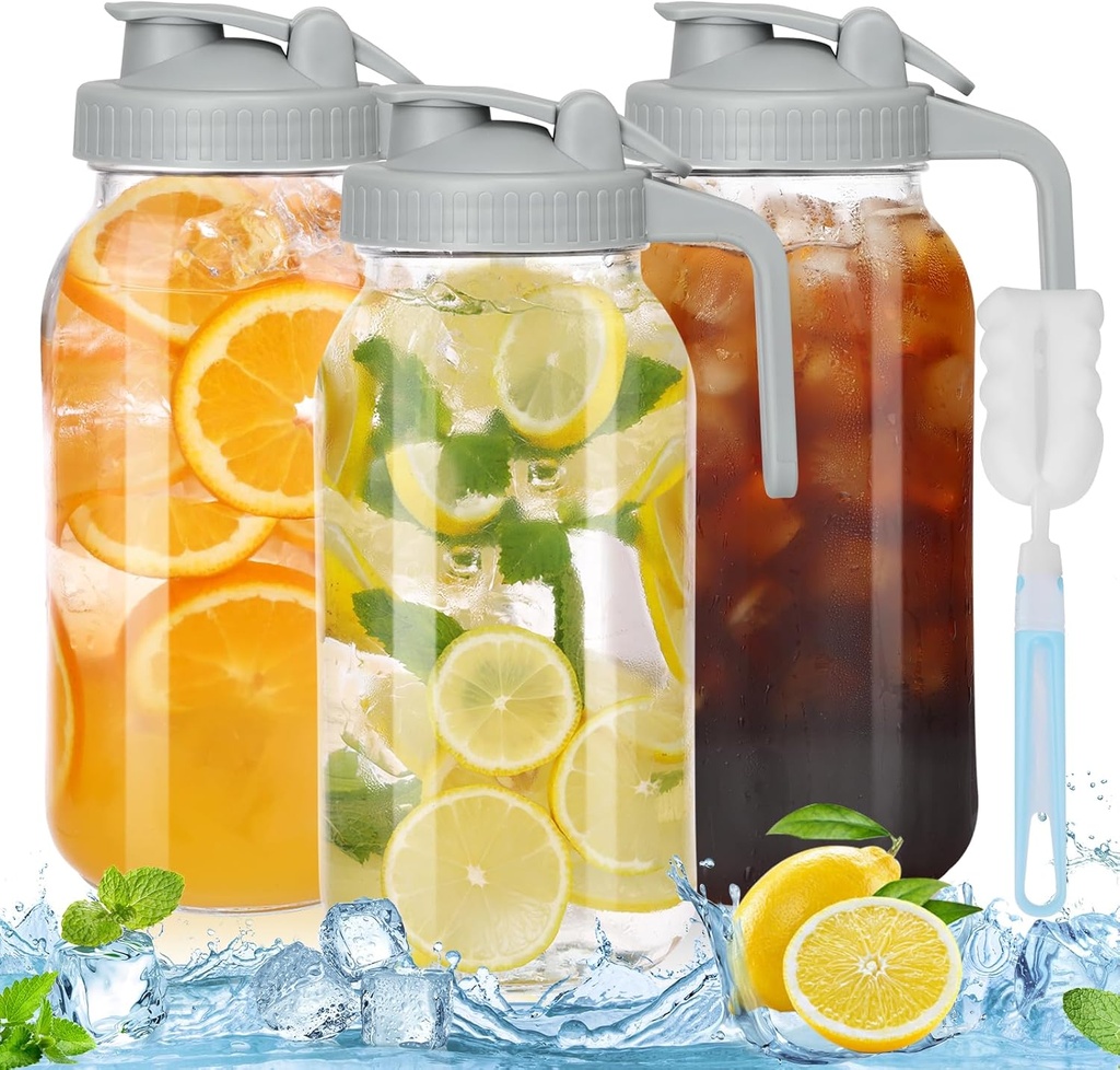 WHONLINE 3 Pcs Glass Mason Jar Pitcher with Lid - Wide Mouth, 2 Quart (64 oz) - Heavy Duty, Leak Proof - Sun & Iced Tea Pitcher, Cold Brew Coffee, Breast Milk Storage, Water - Gray