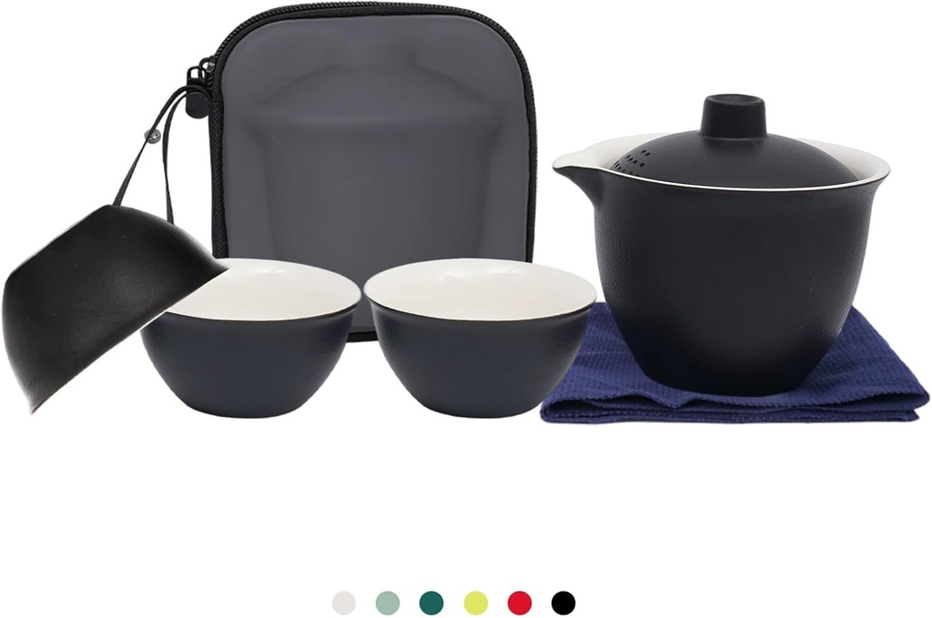 Porcelain Chinese Gongfu Tea Sets for Adults Portable Kungfu Teapot and Cup Set Small Ceramic Tea Party Set Travel Teaset with Lid for Home Gifting Outdoor and Office (Black)