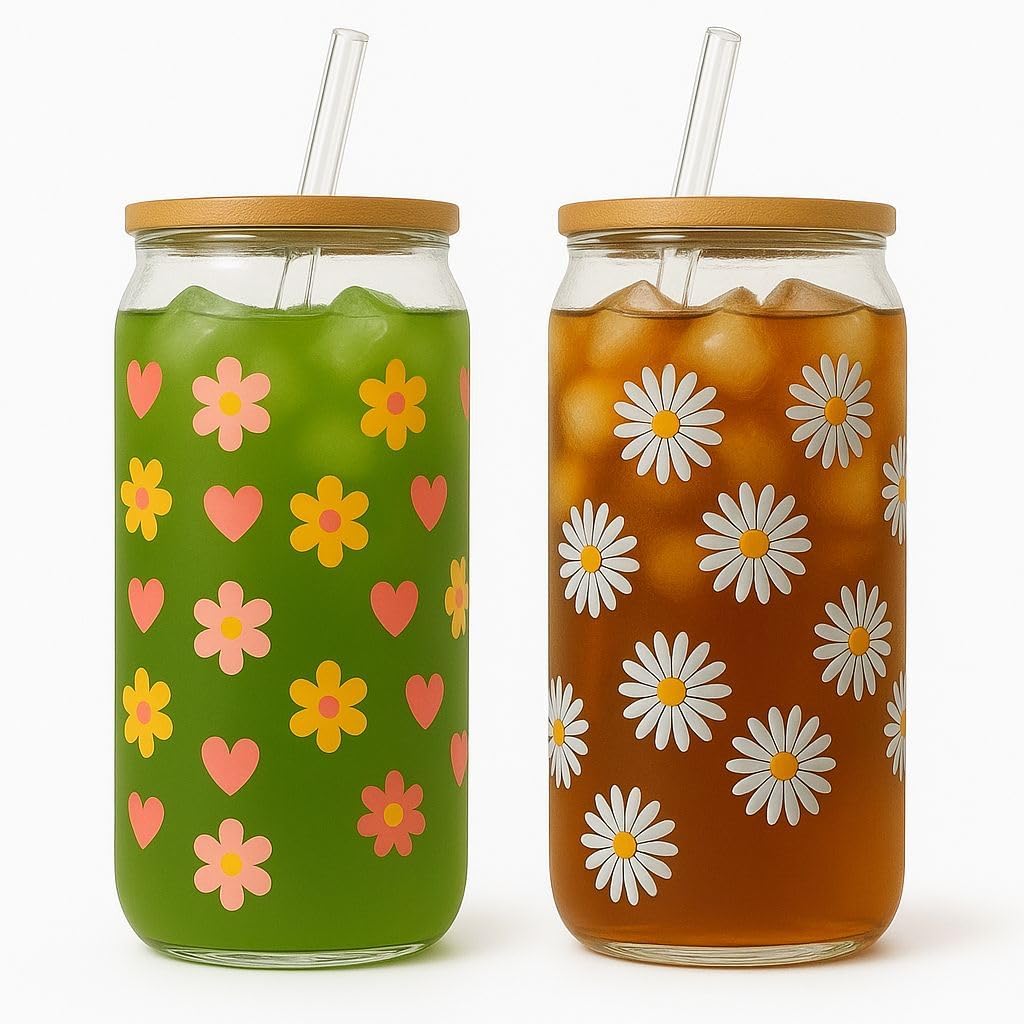 BambooSip (2- pack) Drinking Glasses with Bamboo Lids, straws and cleaning Brush, 160z Glass cups with Lids and straws,Beer, juice, smoothies, iced Coffee Glasses, Soda, Gift, UniqueDaisyDesign.